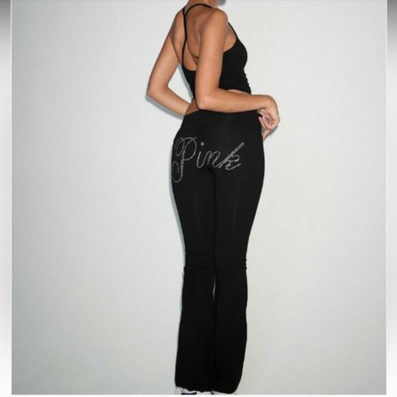 Victoria's Secret Pink M L - Yoga Pants Rhinestone Bling Foldable Waist Flare - Picture 5 of 6